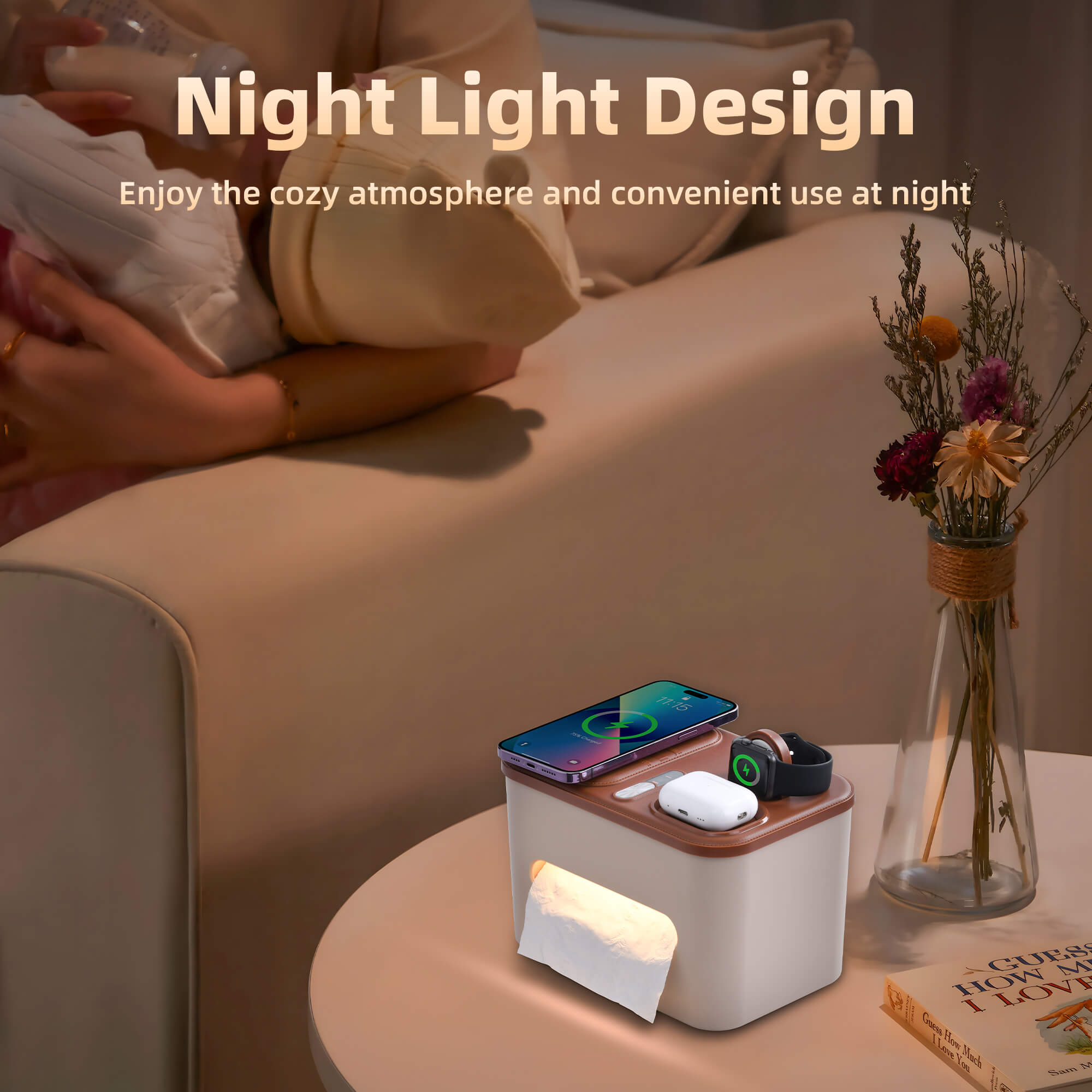 Capon Multifunction Tissue Holder with 3 in 1 Fast Charging Station-Q1 Wireless Charging, Compatible Phone, Watch & AirPods, Rectangular Tissue Box Cover with Night Light for Home Office Decor Capon Multifunction Tissue Holder with 3 in 1 Fast Charging Station-Q1 Wireless Charging, Compatible Phone, Watch & AirPods, Rectangular Tissue Box Cover with Night Light for Home Office Decor